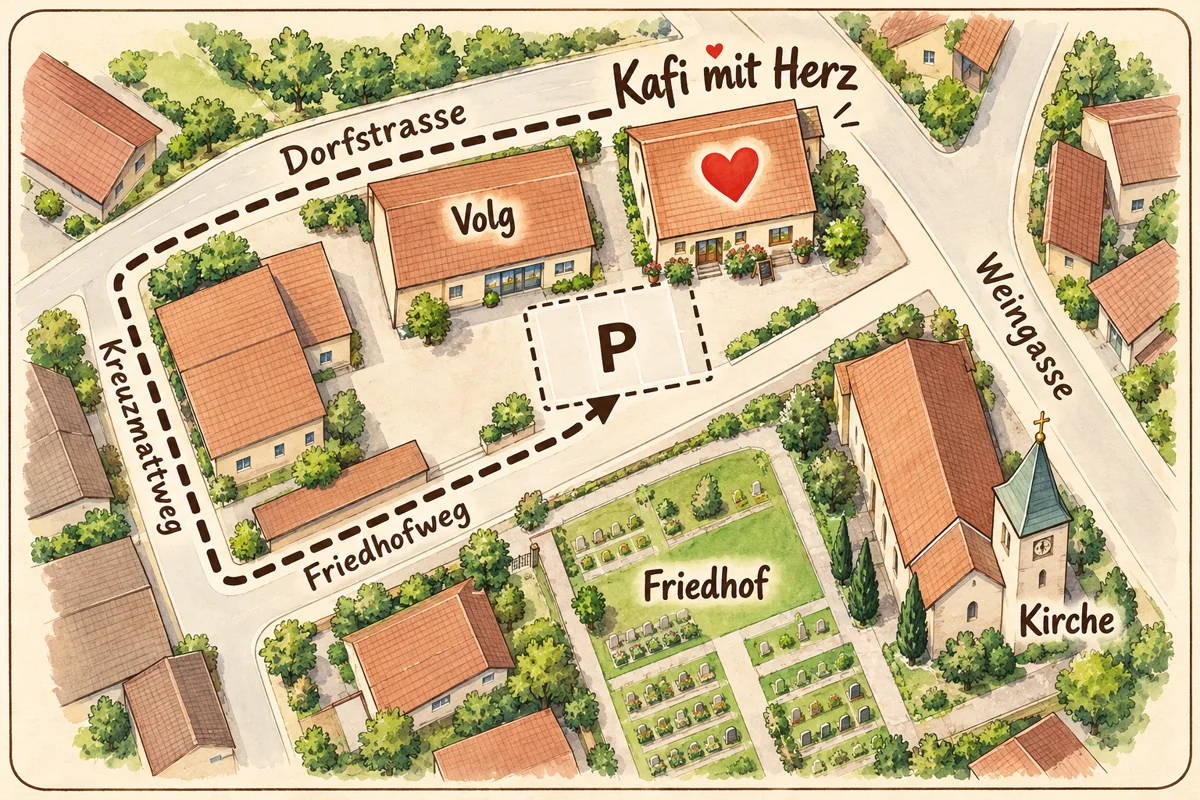 Gezeichnete Wegskizze: vom Kafi mit Herz über die Dorfstrasse am Volg vorbei, links in den Kreuzmattweg und wieder links in den Friedhofweg zu den Parkplätzen zwischen Volg und Kirche.